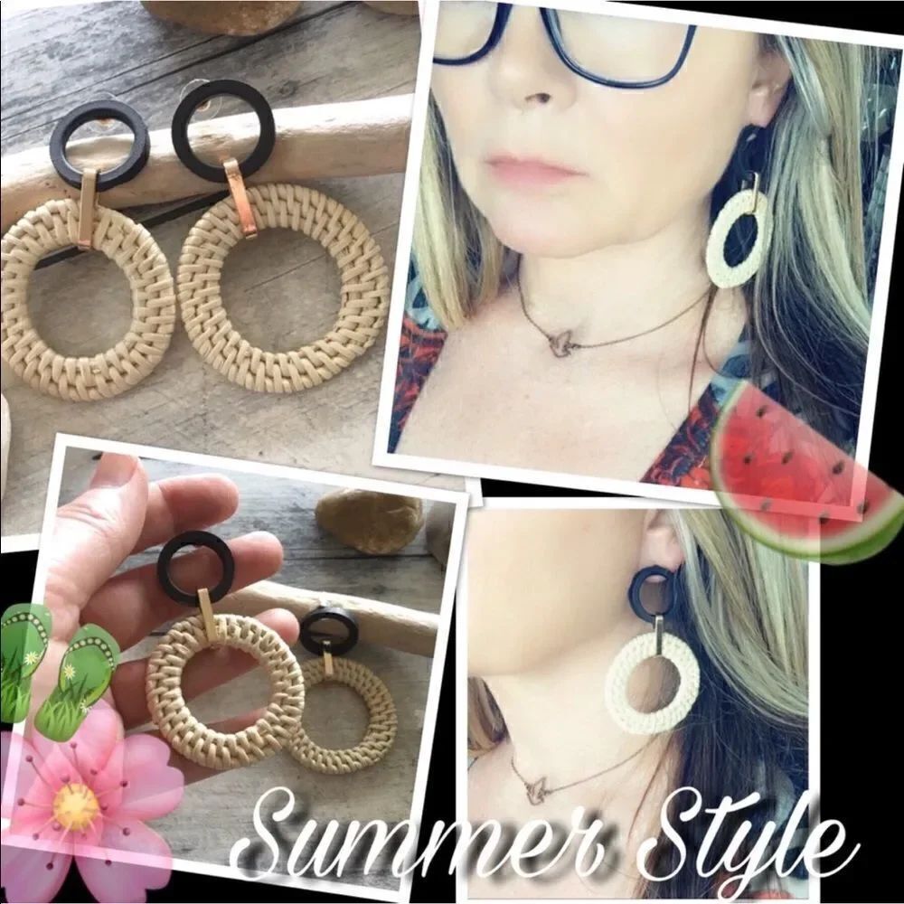 Straw and Black Wood Hoop Statement Earrings